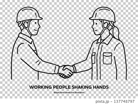 男女の現場作業員が握手する白黒手書き線画イラスト。ヘルメット・作業服姿 137748797