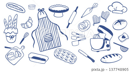 Hand drawn baking set blue color, ingredients, and tools in a sketch style. Vintage culinary process, cozy kitchen, bakery branding.  137748905