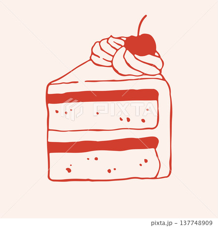 Vector illustration of a delicious layer cake slice with whipped cream and cherry on top. Hand drawn red line art of festive sponge cake piece for bakery branding and birthday cards Vector illustration of a delicious layer cake slice with whipped cream and cherry on top. Hand drawn red line art of festive sponge cake piece for bakery branding and birthday cards 137748909