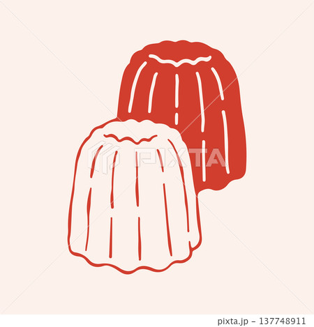Hand drawn vector illustration of two traditional French canele pastries. Minimalist red line art icon of delicious Bordeaux dessert for bakery menu and food design. High quality sweet snack clipart 137748911