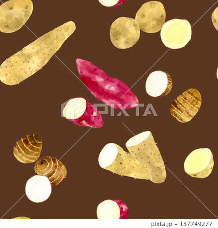 色々なお芋のシームレスパターン　野菜の手描き水彩イラスト素材 137749277