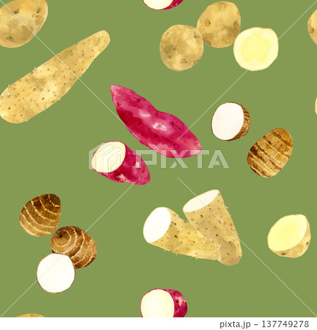 色々なお芋のシームレスパターン　野菜の手描き水彩イラスト素材 137749278