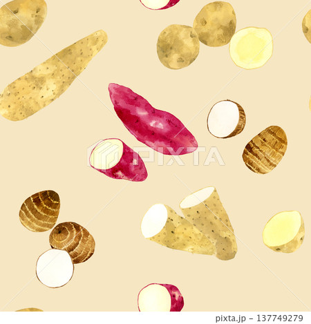 色々なお芋のシームレスパターン　野菜の手描き水彩イラスト素材 137749279