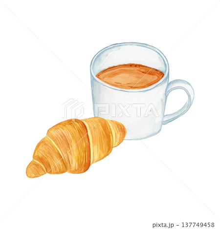 手描き水彩のコーヒーとクロワッサンのイラスト 手描き水彩のコーヒーとクロワッサンのイラスト 137749458