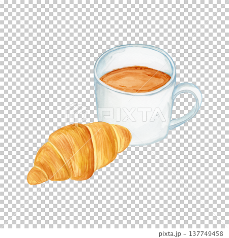 手繪水彩插圖,描繪了咖啡和羊角麵包 手繪水彩插圖,描繪了咖啡和羊角麵包 137749458