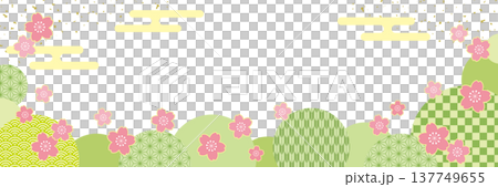 Japanese-style horizontal banner frame with Japanese pattern circle and cherry blossoms / light green 137749655