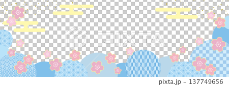 Japanese-style horizontal banner frame with Japanese pattern circle and cherry blossoms / light blue 137749656