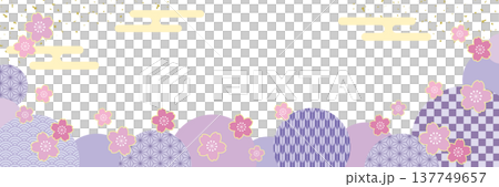Japanese-style horizontal banner frame with Japanese pattern circle and cherry blossoms / purple 137749657