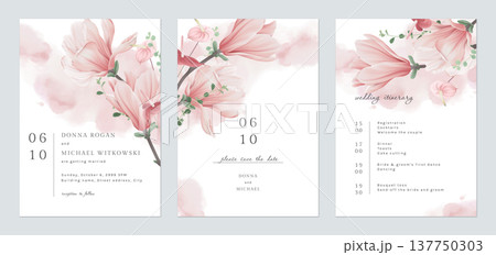 Floral wedding invitation card set template design, pink watercolor decorated with magnolia liliiflora flowerss on white 137750303