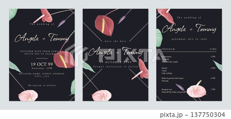 Floral wedding invitation card set template design, anthurium flowers and leaves, dark grey theme 137750304