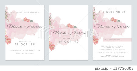 Floral wedding invitation card set template design, pink watercolor decorated with sakura and Japanese quince flowers on white 137750305