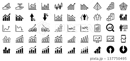 ビジネス・統計グラフのアイコンセット（折れ線・棒グラフ・円グラフ・アウトラインあり） 137750495