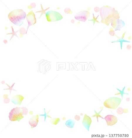 パステルカラーのキュートな貝殻のフレーム。夏の水彩イラスト。 137750780