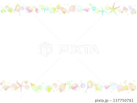 パステルカラーの可愛い貝殻のボーダー。トロピカルな夏の水彩フレーム。 137750781