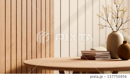 A pile of books and dried flower in vase on round table in a room with sunlight on wooden slats wall 137750956