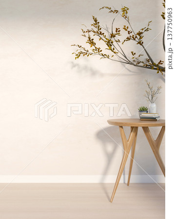 Books and vase on wooden stool table with decorative tree branch and sunlight shining on white wall. Books and vase on wooden stool table with decorative tree branch and sunlight shining on white wall. 137750963