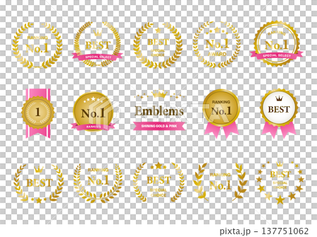 A set of medals and emblems for ranking awards, in gold and pink. A set of medals and emblems for ranking awards, in gold and pink. 137751062