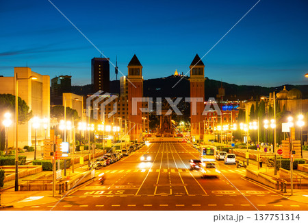 View of Avinguda de la Reina Maria Cristina in evening 137751314