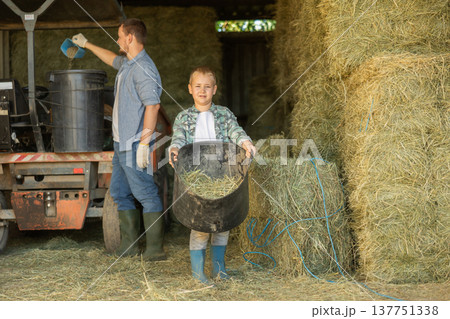 Boy with bucket of hay in barn Boy with bucket of hay in barn 137751338