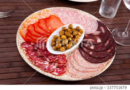 Meat platter from pork loin, salami, blood sausage with olives 137751679