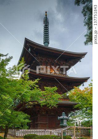 Tokyo, Japan - Sep 30 2024, vertical view of the pagoda surrounded by trees on the grounds of Gotokuji Temple, with cloudy sky, without people, at daytime, Tokyo, Japan Tokyo, Japan - Sep 30 2024, vertical view of the pagoda surrounded by trees on the grounds of Gotokuji Temple, with cloudy sky, without people, at daytime, Tokyo, Japan 137751843