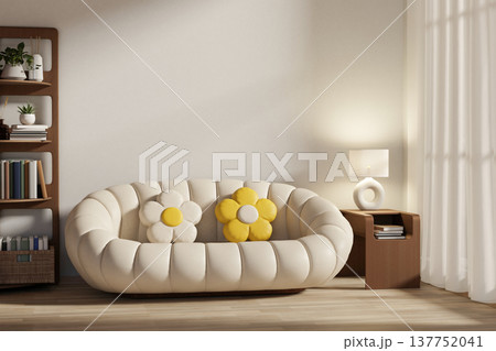 Pumpkin sofa and flower cushion with table and bookshelf on wooden parquet floor in white wall room. Pumpkin sofa and flower cushion with table and bookshelf on wooden parquet floor in white wall room. 137752041