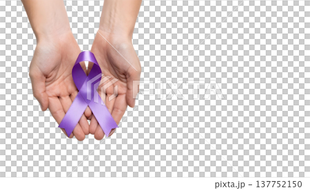 Hands clutch a purple ribbon set against a transparent background, promoting awareness for sarcoidosis and related causes 137752150