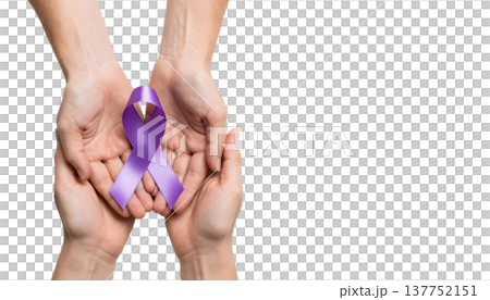 Hands holding a purple ribbon on a transparent background, signifying awareness for sarcoidosis and the importance of advocacy 137752151