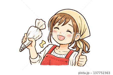 生クリームの絞り袋を持っている笑顔の女性 137752363