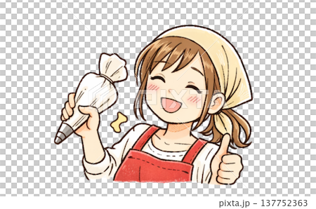 A smiling woman holding a piping bag of whipped cream. 137752363