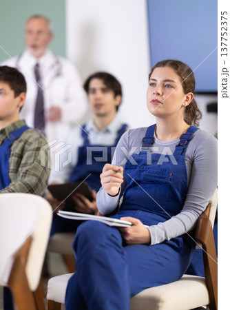 Female workers listening to a medical lecture in front of a doctor 137752375