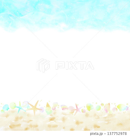 パステルカラーの貝殻が綺麗な浜辺と海の背景。夏の水彩イラスト素材。 137752978