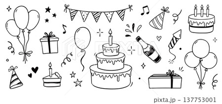 Birthday doodle icon element. Hand drawn sketch doodle birthday cake, balloon, event hat cute decoration element. Party, carnival celebration concept background. Vector Birthday doodle icon element. Hand drawn sketch doodle birthday cake, balloon, event hat cute decoration element. Party, carnival celebration concept background. Vector 137753001