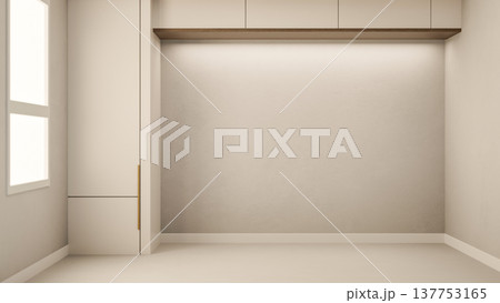 Empty beige room and build in cabinet in square pillar with wooden handle and sunlight from window. Empty beige room and build in cabinet in square pillar with wooden handle and sunlight from window. 137753165