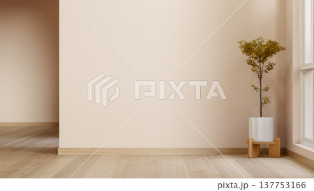 Potted plant on stand holder over wooden parquet floor aside glass wall window in modern room corner Potted plant on stand holder over wooden parquet floor aside glass wall window in modern room corner 137753166