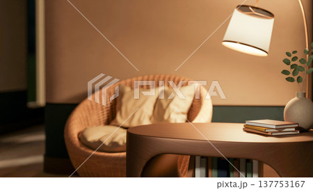 Books and lamp on wooden bookcase table across woven oval sofa chair with cushions in dim lit room. 137753167