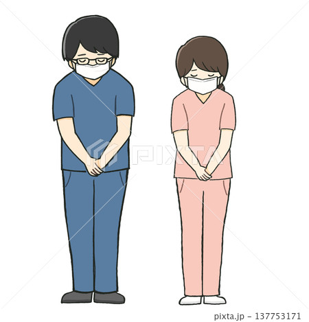 お辞儀をする医療スタッフ（スクラブの医師、医者、看護師） 137753171