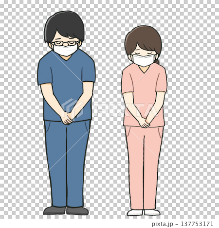 醫護人員（醫生、護士和其他身穿手術服的醫護人員）鞠躬。 137753171