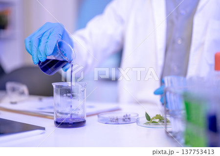 Close up of scientist researcher holding beaker pouring test liquid aside petri dish in dim lab room Close up of scientist researcher holding beaker pouring test liquid aside petri dish in dim lab room 137753413