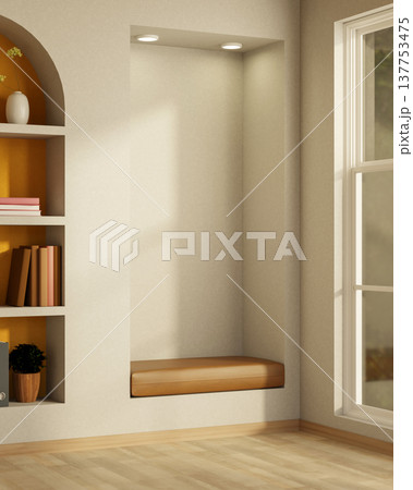 Brown cushion bench and bookshelf in recessed white wall aside window in wooden parquet floor room. Brown cushion bench and bookshelf in recessed white wall aside window in wooden parquet floor room. 137753475