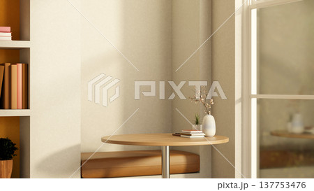 Books and vase on wooden stool table and bench in recessed wall aside window in cafe or living room. Books and vase on wooden stool table and bench in recessed wall aside window in cafe or living room. 137753476