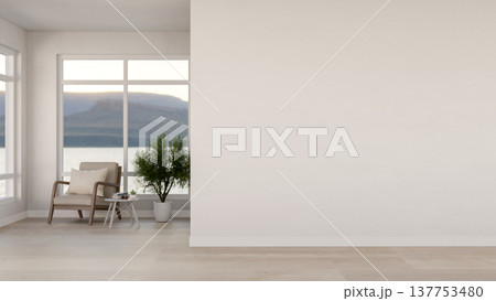 White wall with armchair and potted plant on wooden parquet floor aside glass window in modern room. 137753480