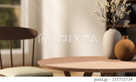 Oval flower vase on round wooden table an chair with sunlight through window in white wall cafe room 137753734