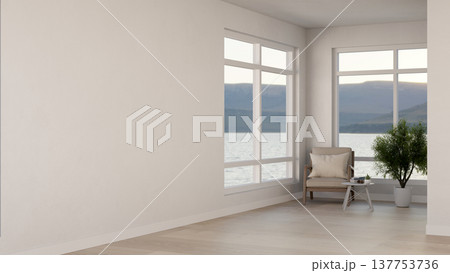 Armchair and table with potted plant on wooden parquet floor aside glass windows in white wall room. 137753736