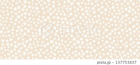 Small white flower seamless pattern on beige background. Cute hand drawn ditzy floral repeated wallpaper. Vector romantic blossom motif for textile print, fabric swatch, dress ornament, wrapping paper Small white flower seamless pattern on beige background. Cute hand drawn ditzy floral repeated wallpaper. Vector romantic blossom motif for textile print, fabric swatch, dress ornament, wrapping paper 137753837