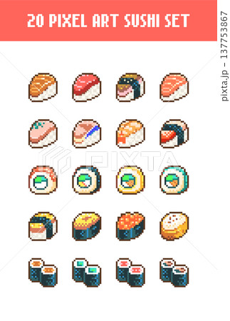 Pixel Art Sushi Icons Collection. 8 Bit Retro Japanese Food Illustration Set with Nigiri, Maki, Roll and Gunkan Sushi for Game Assets, Menu, Sticker and Mobile Design 137753867