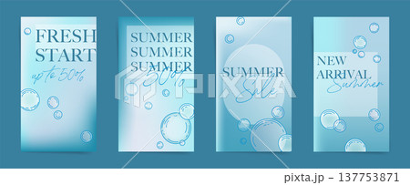 New Arrival Summer Sale Vertical Banner Set. Blue Gradient Background and Underwater bubbles and Pure Blue Water. 137753871