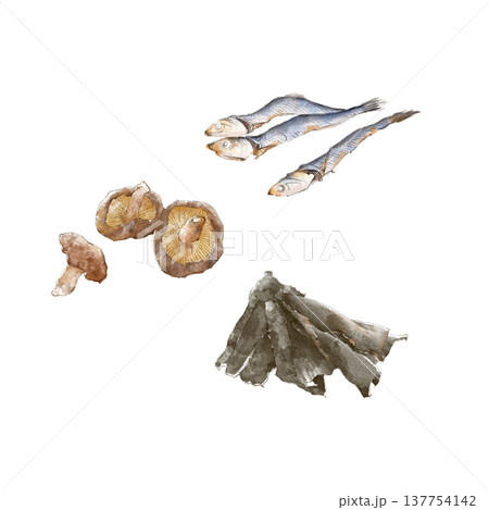 水彩で描いた煮干しと昆布と干し椎茸のイラスト 水彩で描いた煮干しと昆布と干し椎茸のイラスト 137754142