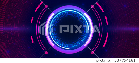 Futuristic neon pink and cyan circular HUD interface on dark purple technology background Futuristic neon pink and cyan circular HUD interface on dark purple technology background 137754161