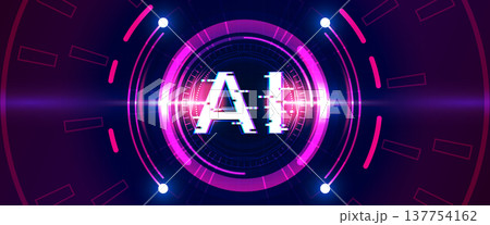 Artificial intelligence AI glitch effect inside futuristic neon circular HUD interface 137754162